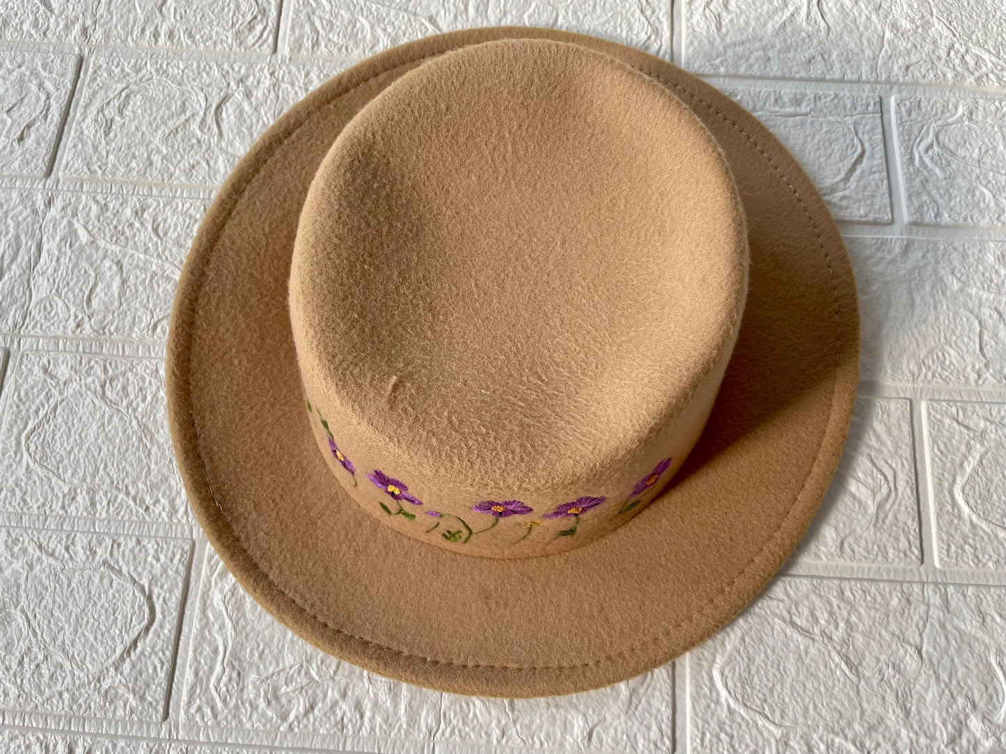 Embroidery Felt Fedora Hat | Man and Women Fedora Hats, Custom Fedora Hat, Tan Beige  Fedoras,  Purple Flowers Embroidery Hat, Winter Hats