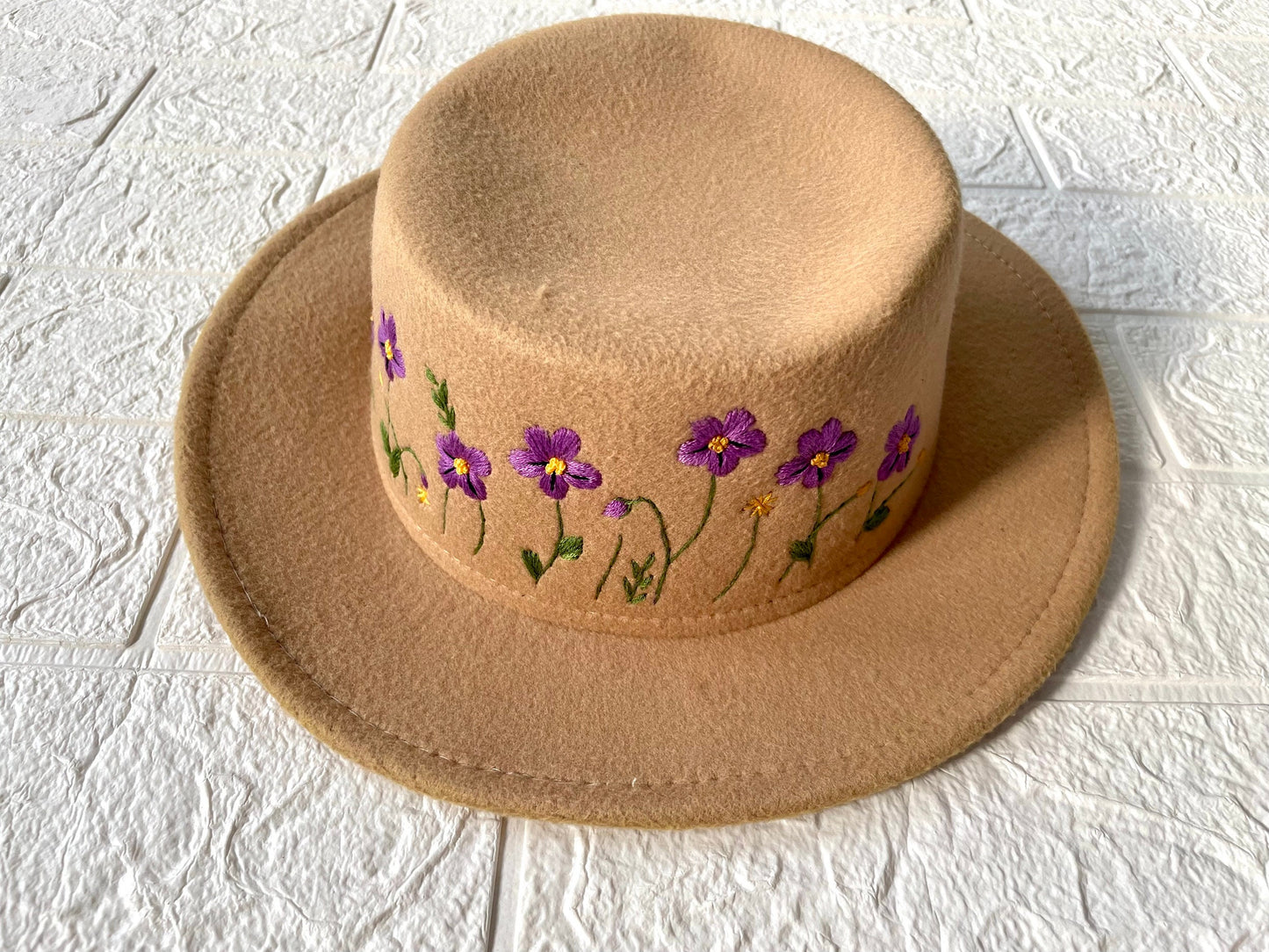 Embroidery Felt Fedora Hat | Man and Women Fedora Hats, Custom Fedora Hat, Tan Beige  Fedoras,  Purple Flowers Embroidery Hat, Winter Hats