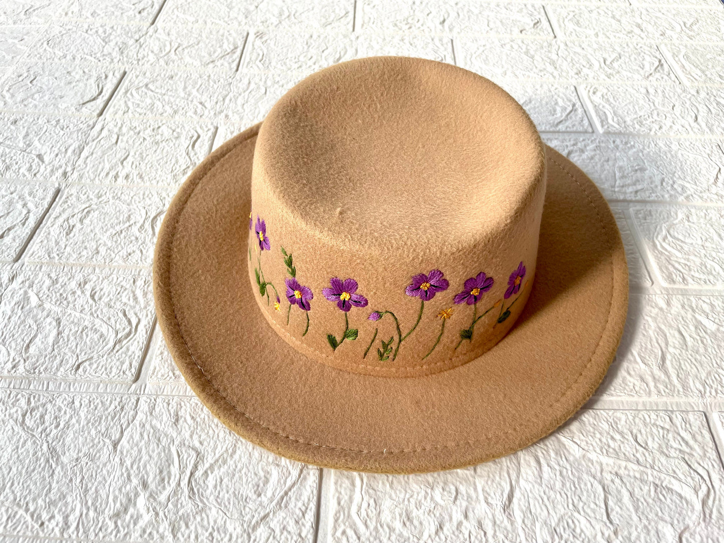 Embroidery Felt Fedora Hat | Man and Women Fedora Hats, Custom Fedora Hat, Tan Beige  Fedoras,  Purple Flowers Embroidery Hat, Winter Hats