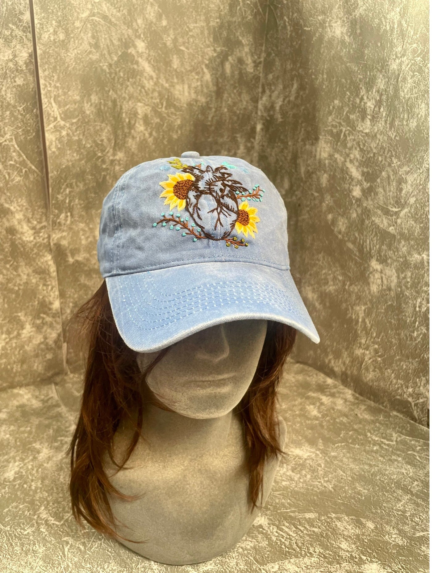 Blue hat, Heart and Sunflower Embroidered Cap, Custom Embroidery Hat, Embroidery Woman Cap, Personalize gifts, Gifts for Her, Gift for Mom.