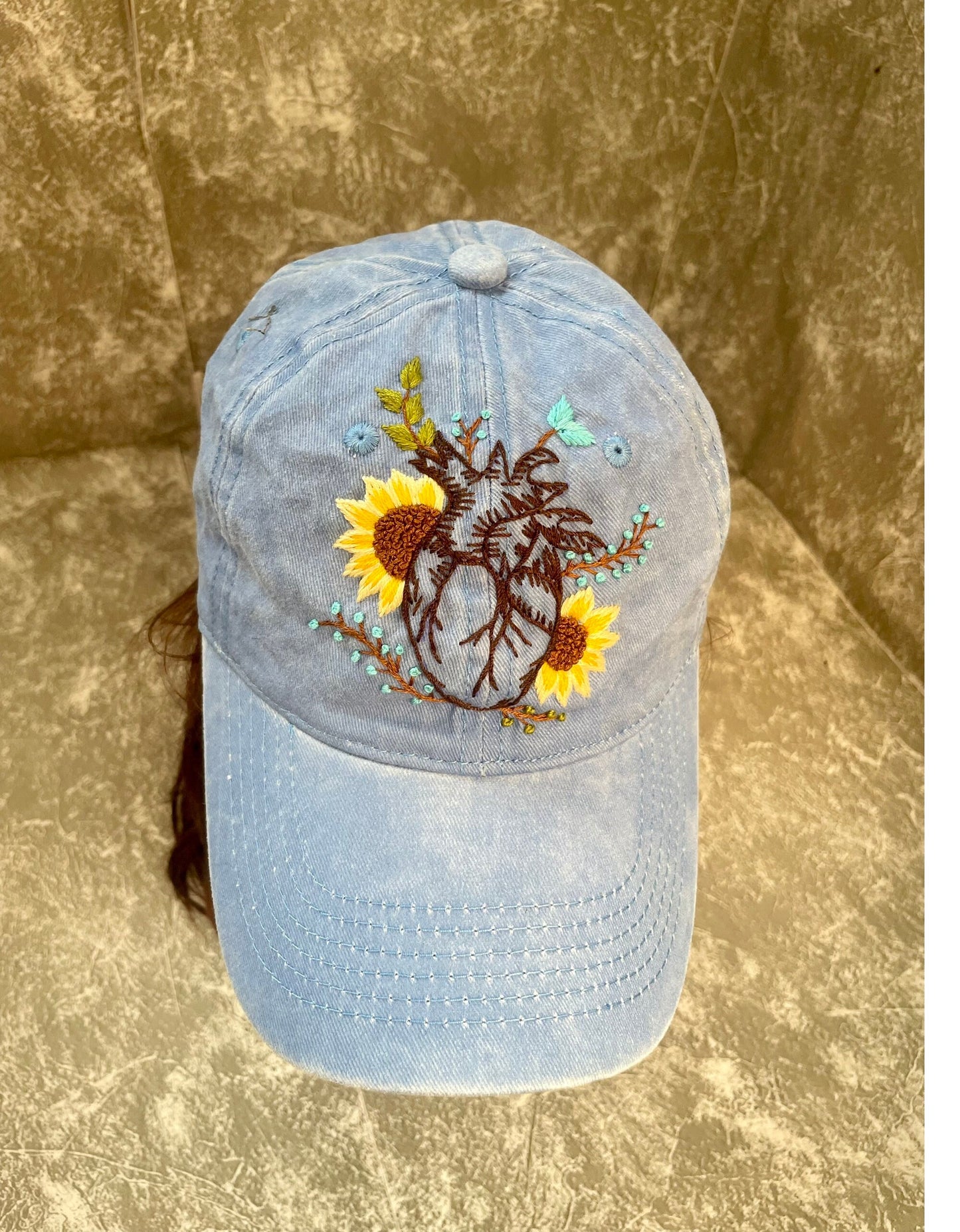 Blue hat, Heart and Sunflower Embroidered Cap, Custom Embroidery Hat, Embroidery Woman Cap, Personalize gifts, Gifts for Her, Gift for Mom.