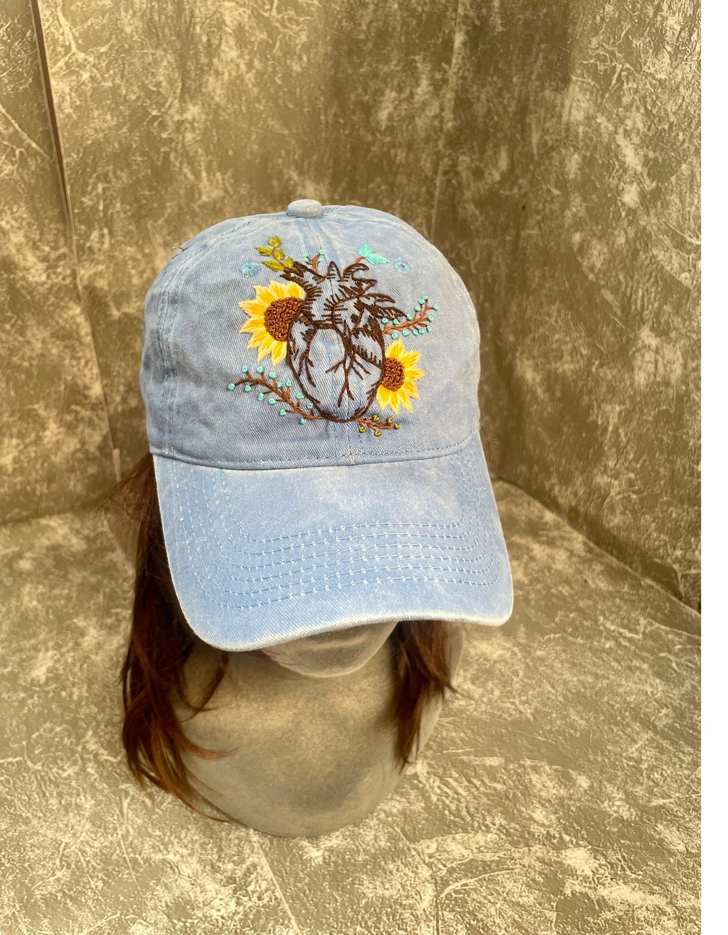 Blue hat, Heart and Sunflower Embroidered Cap, Custom Embroidery Hat, Embroidery Woman Cap, Personalize gifts, Gifts for Her, Gift for Mom.