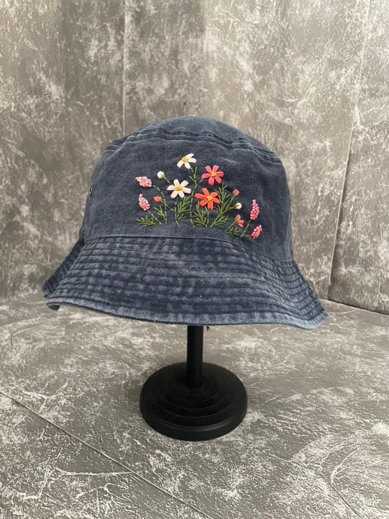 Floral Embroidery bucket hat | Black Denim bucket hat | Women hat | Gift for her | Friend gift | Gift for mom