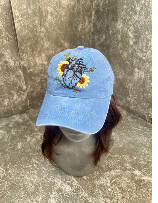 Blue hat, Heart and Sunflower Embroidered Cap, Custom Embroidery Hat, Embroidery Woman Cap, Personalize gifts, Gifts for Her, Gift for Mom.