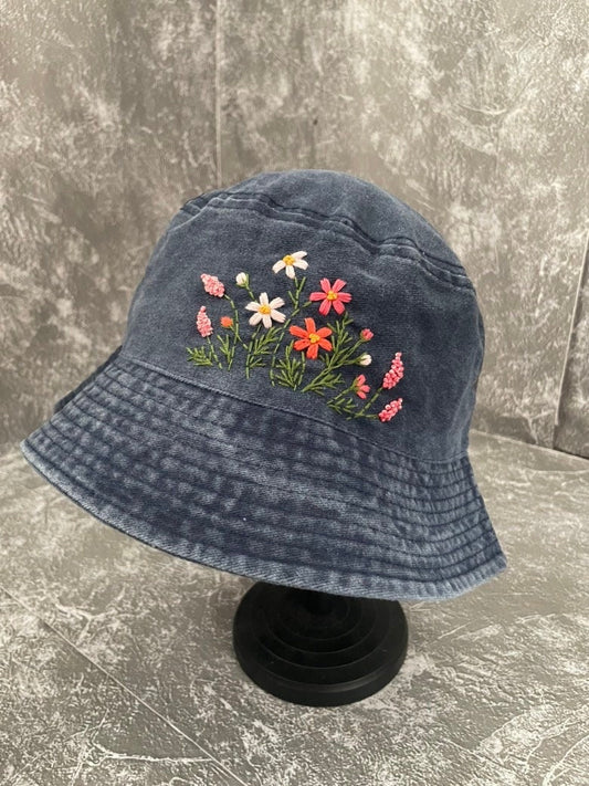 Floral Embroidery bucket hat | Black Denim bucket hat | Women hat | Gift for her | Friend gift | Gift for mom