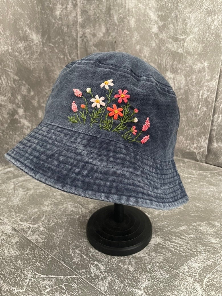 Floral Embroidery bucket hat | Black Denim bucket hat | Women hat | Gift for her | Friend gift | Gift for mom