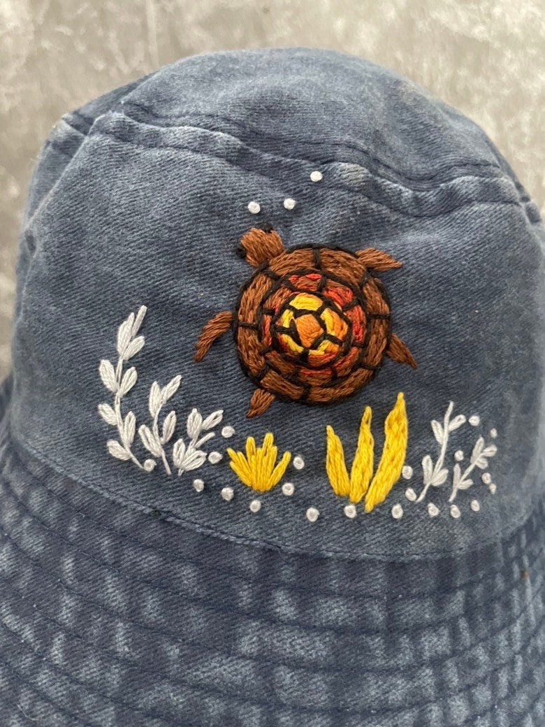 Turtle Embroidery Denim bucket hat | Black Denim bucket hat | Women hat | Gift for her | Friend gift | Gift for mom / Ocean Vibes Accessorie