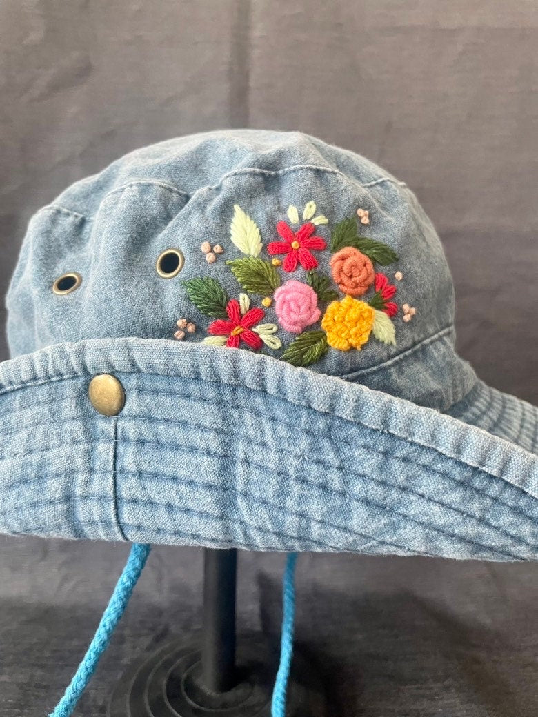 Embroidery Denim Cowboy hat, Floral Embroidered Bucket Hat, Bucket Hat for Women, Sun Hat for Women Girl, Spring/Summer Bucket Hat