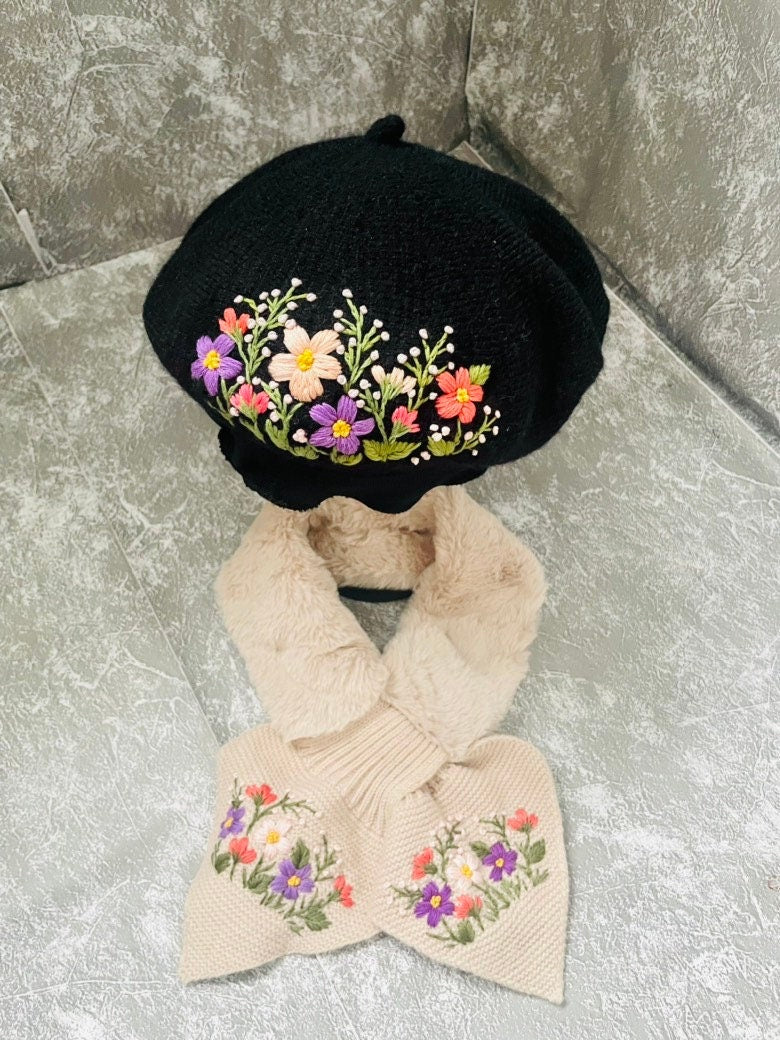 Custom Floral Beret Cap and Floral Winter Scarf, Warm Winter French Hat, Handmade Flower Hat and Scarf, Gifts for Her