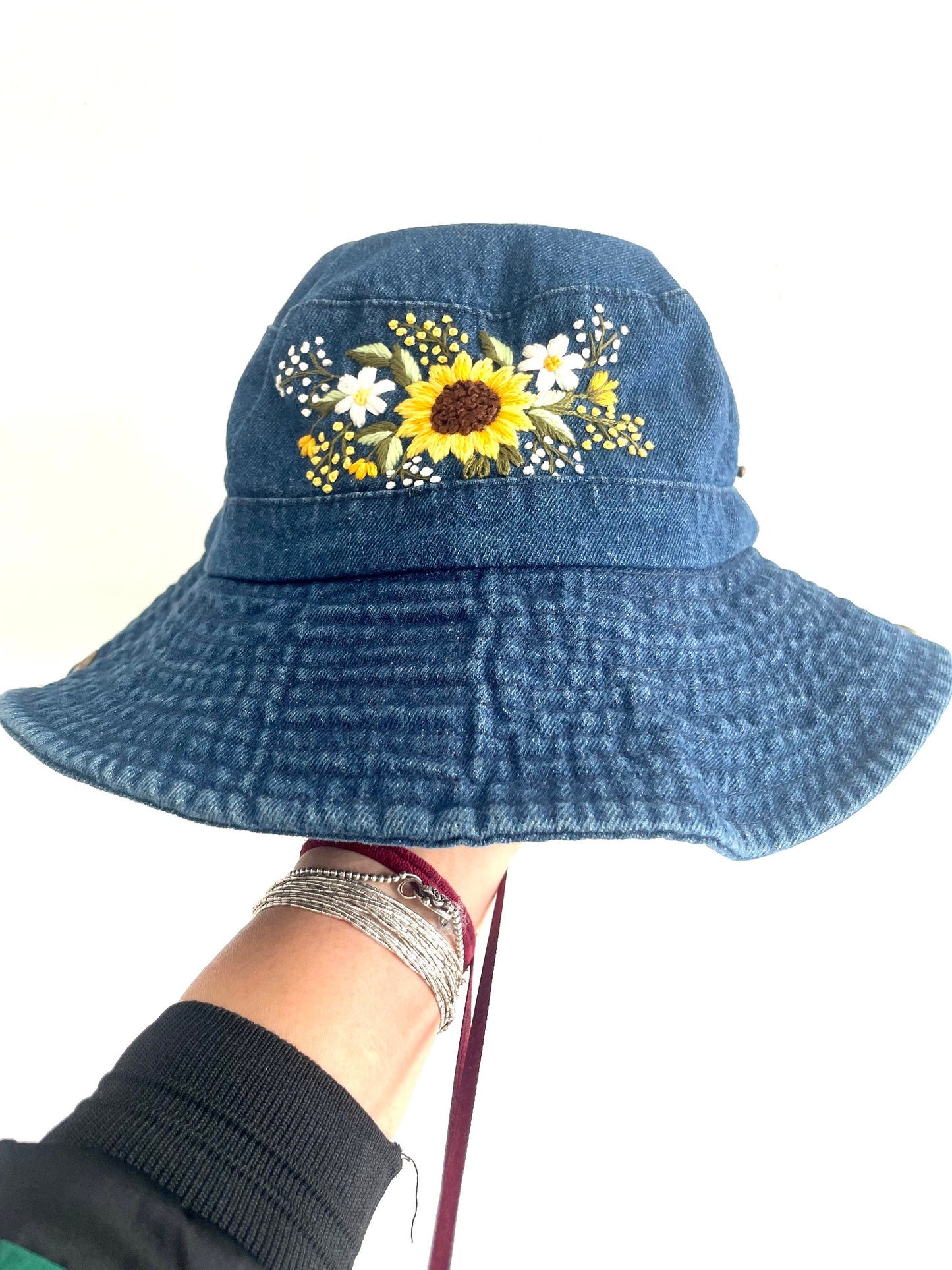 Floral Embroidery Denim Cowboy hat, Sunflower Embroiderey cowboy Hat, Bucket Hat for Women, Sun Hat for Women Girl, Spring/Summer Bucket Hat