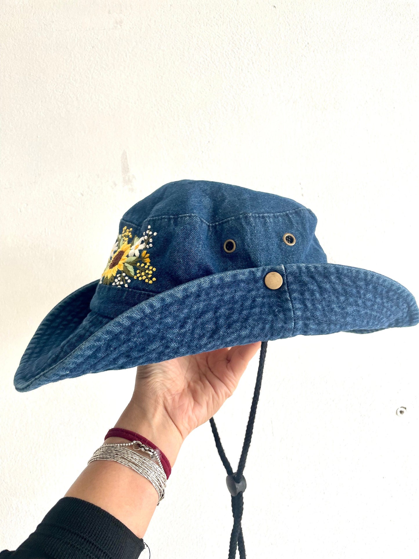 Floral Embroidery Denim Cowboy hat, Sunflower Embroiderey cowboy Hat, Bucket Hat for Women, Sun Hat for Women Girl, Spring/Summer Bucket Hat