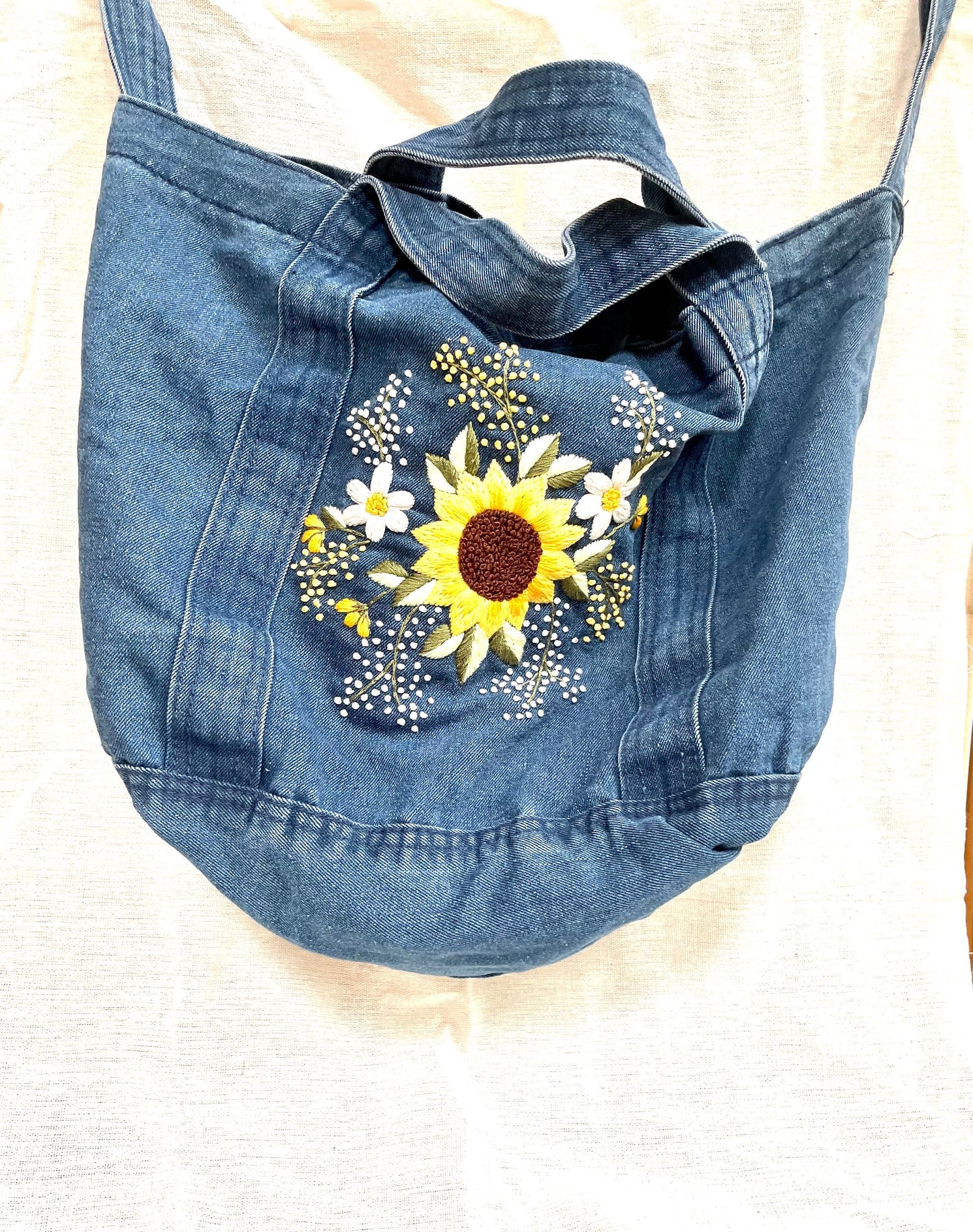 Embroidery Denim tote bag | Embroidery Jeans tote bag |Floral Embroidered tote bag | Denim Laptop Bag | Sunflower Embroidery Bag