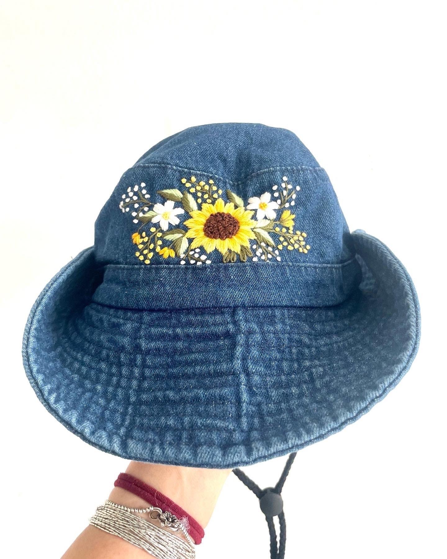 Floral Embroidery Denim Cowboy hat, Sunflower Embroiderey cowboy Hat, Bucket Hat for Women, Sun Hat for Women Girl, Spring/Summer Bucket Hat