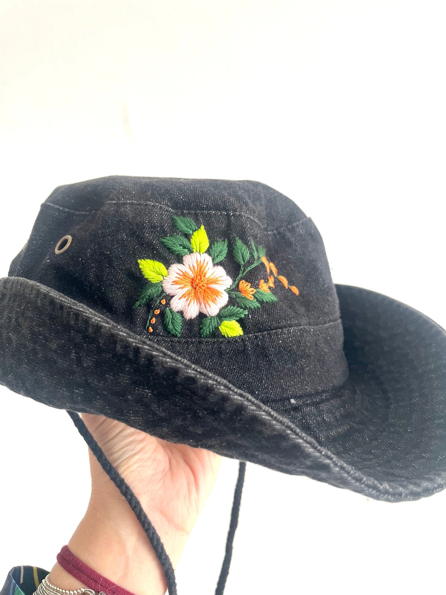 Floral Embroidery Denim Cowboy hat, Jeans Embroidery cowboy Hat, Bucket Hat for Women, Sun Hat for Women Girl, Spring/Summer Bucket Hat