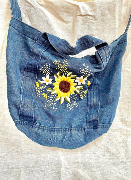 Embroidery Denim tote bag | Embroidery Jeans tote bag |Floral Embroidered tote bag | Denim Laptop Bag | Sunflower Embroidery Bag