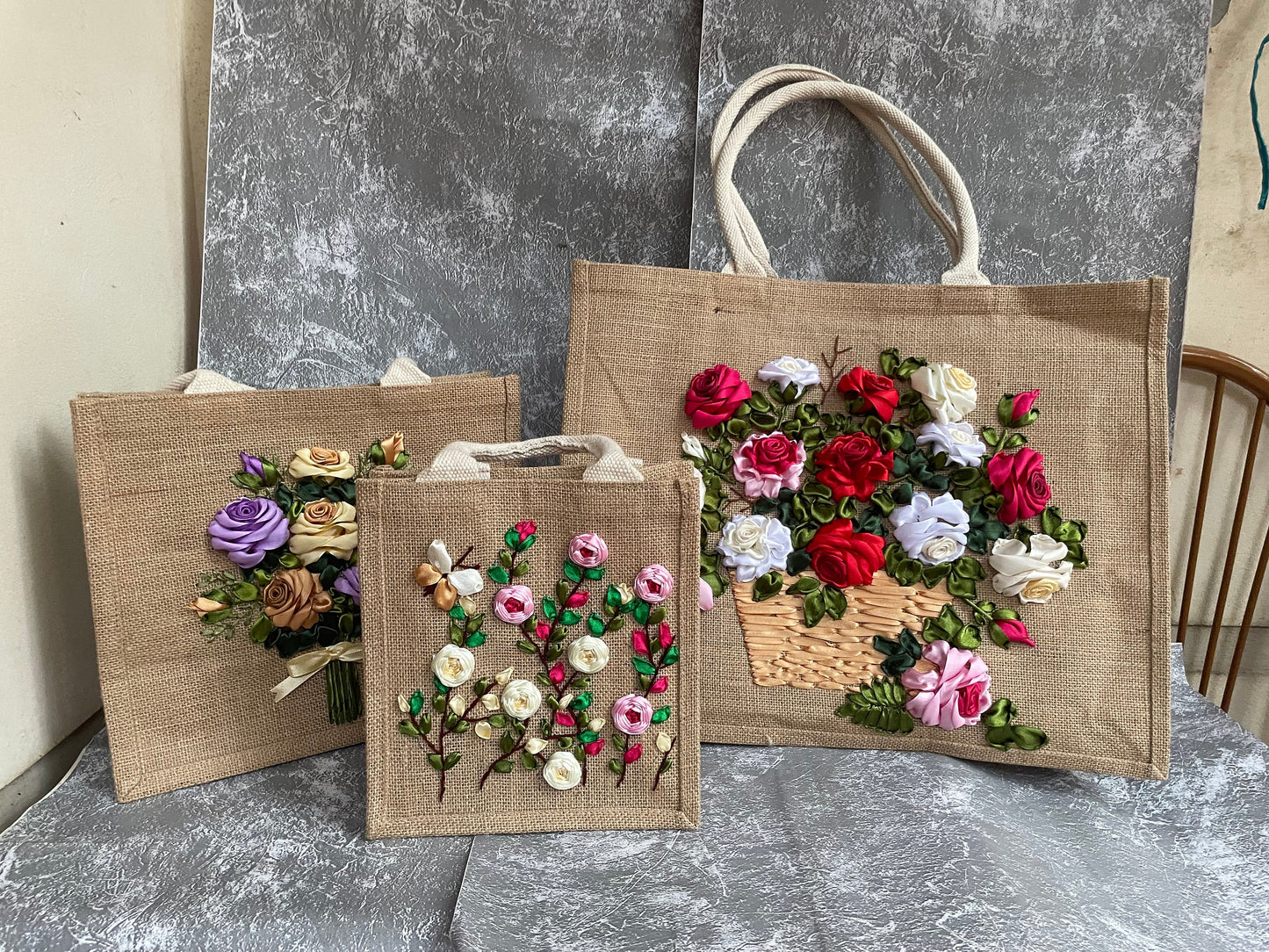 Roses Ribbon Embroidery Large jute tote bag | Ribbon Embroidery Roses jute tote bag | Roses Flowers tote bag |  gift for mom | Big Tote Bag