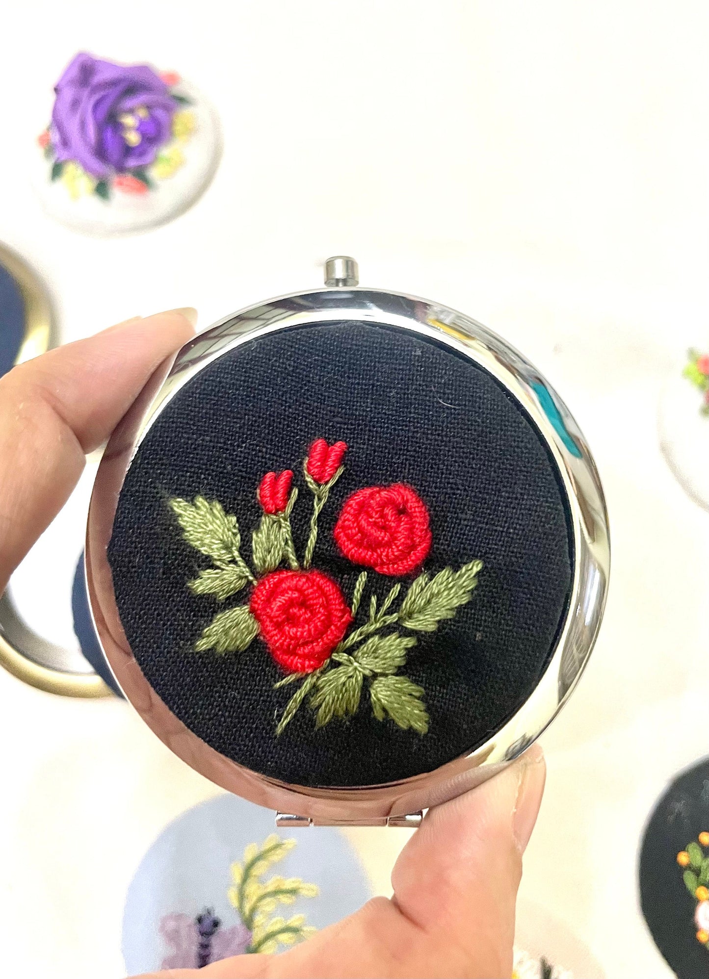 Personalized Roses, butterfly embroidery Pocket mirror |Floral embroidery Pocket mirror | Unique Gift | Mother Day Gift