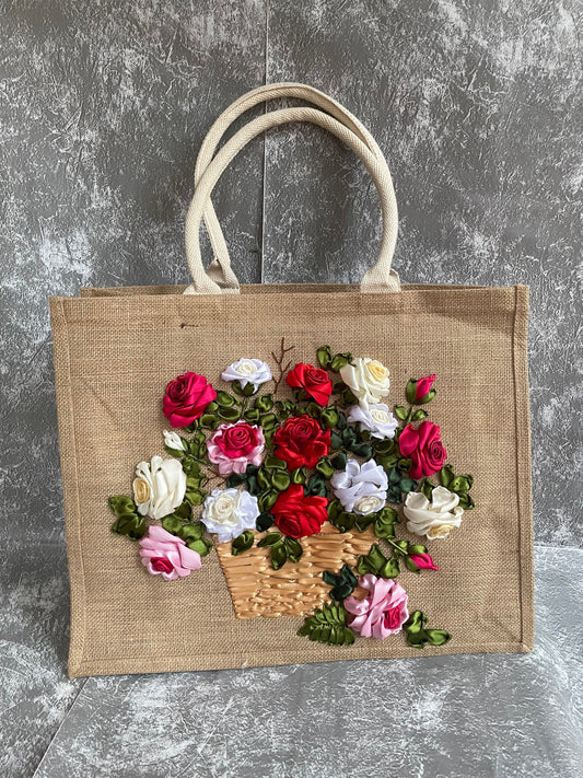 Roses Ribbon Embroidery Large jute tote bag | Ribbon Embroidery Roses jute tote bag | Roses Flowers tote bag |  gift for mom | Big Tote Bag