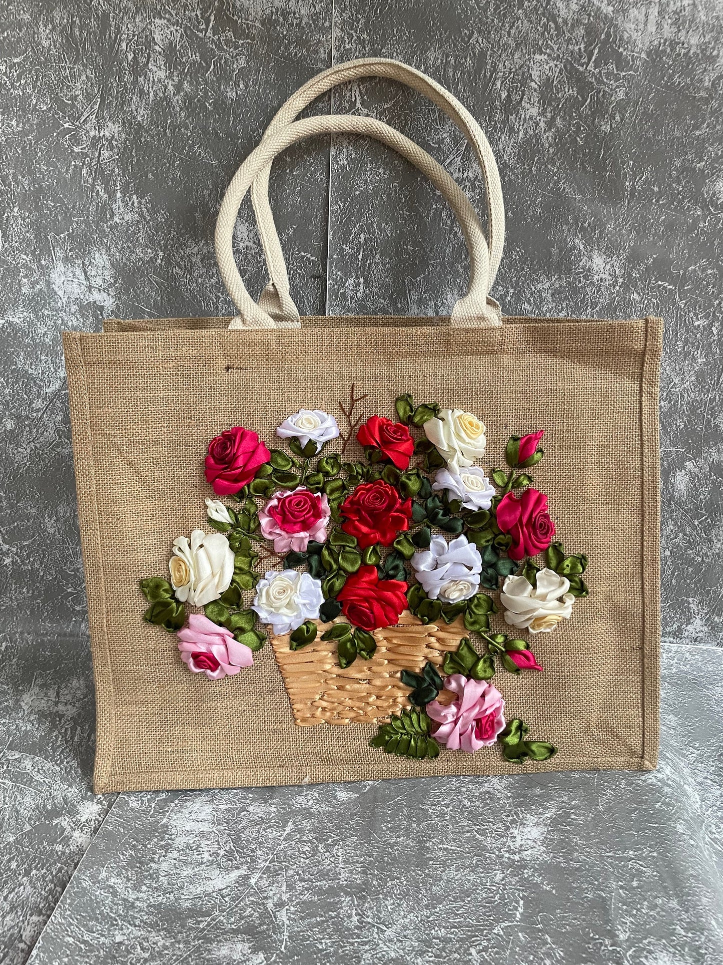 Roses Ribbon Embroidery Large jute tote bag | Ribbon Embroidery Roses jute tote bag | Roses Flowers tote bag |  gift for mom | Big Tote Bag