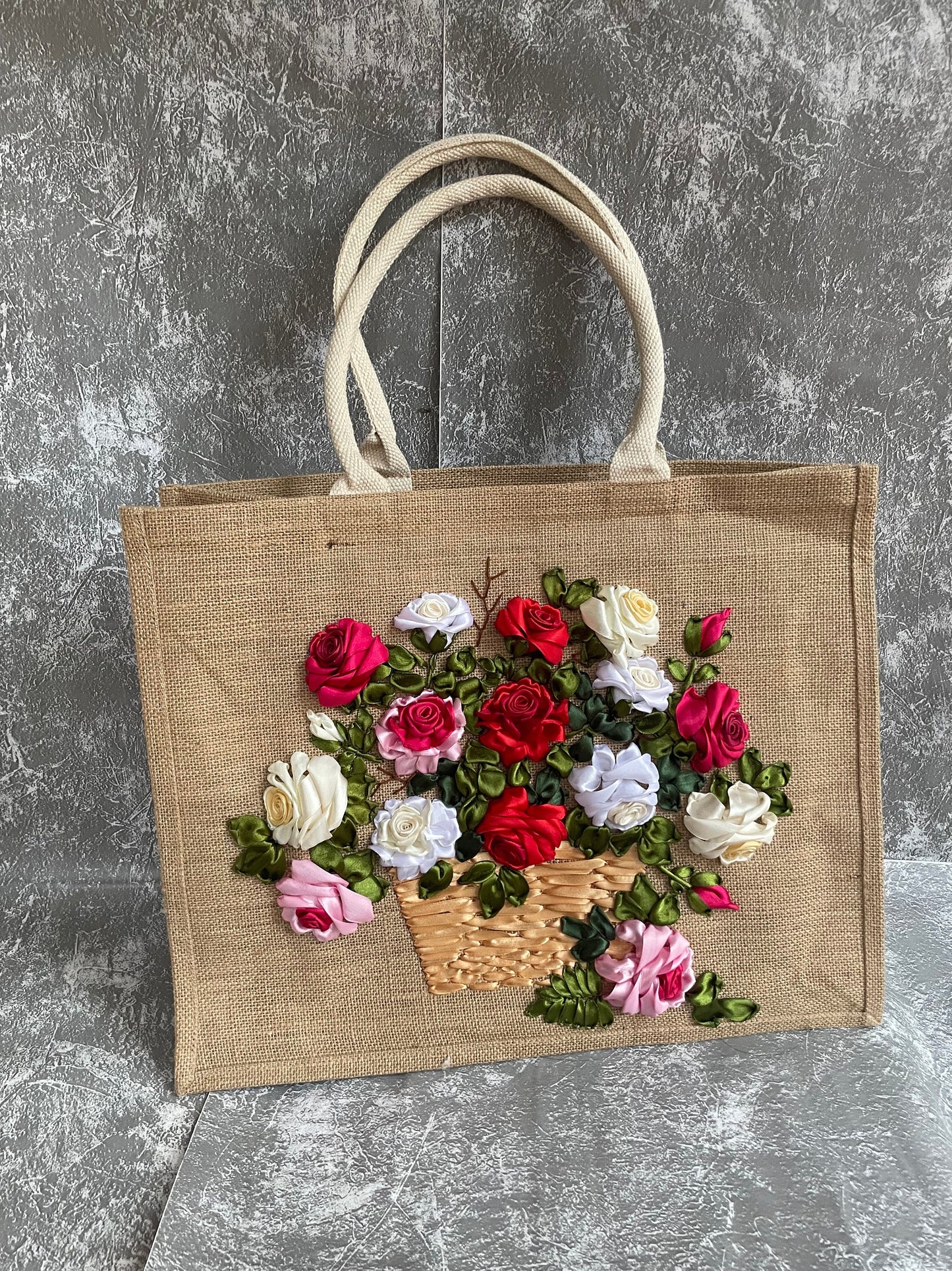 Roses Ribbon Embroidery Large jute tote bag | Ribbon Embroidery Roses jute tote bag | Roses Flowers tote bag |  gift for mom | Big Tote Bag