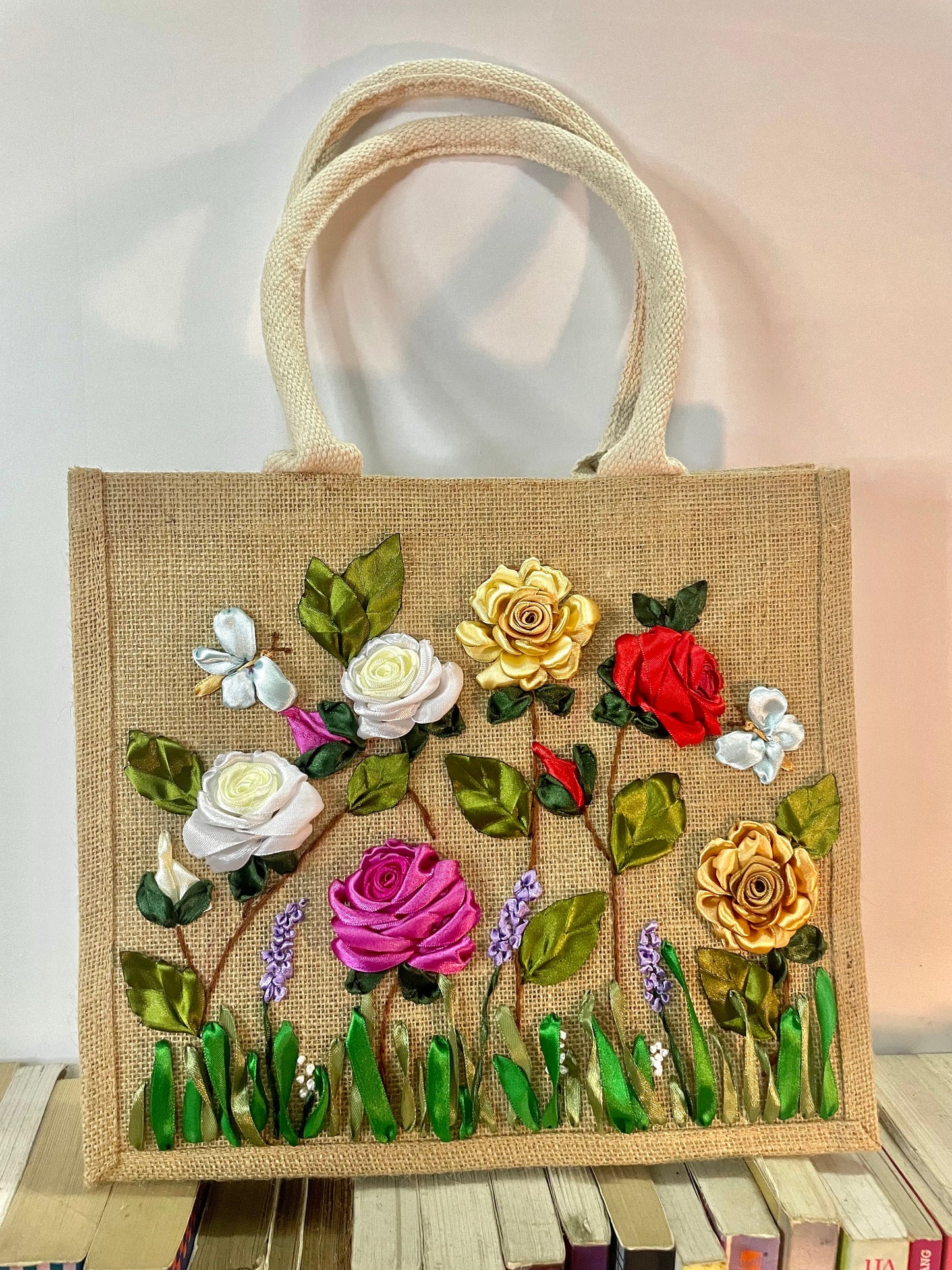 Ribbon Embroidery jute tote bag | Roses Embroidered jute tote bag | Floral laptop bag, Summer tote bag | personalized gifts  | gifts for her