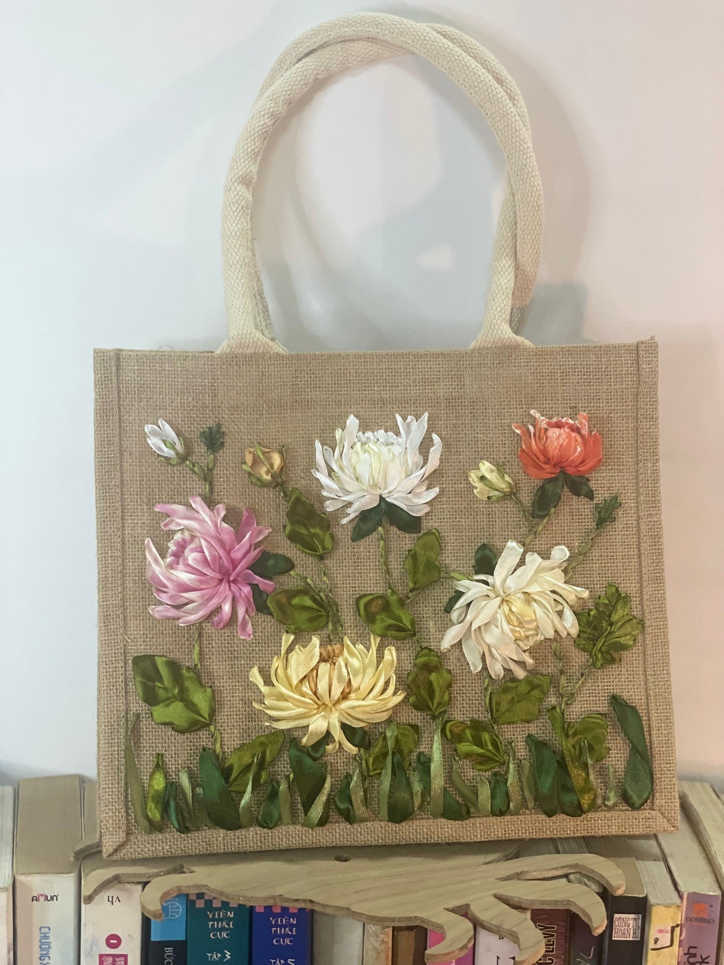 Ribbon Embroidery jute tote bag | Embroidery Chamo jute tote bag | Floral jute tote bag | bridemaid gifts | gifts for mom | gifts for her