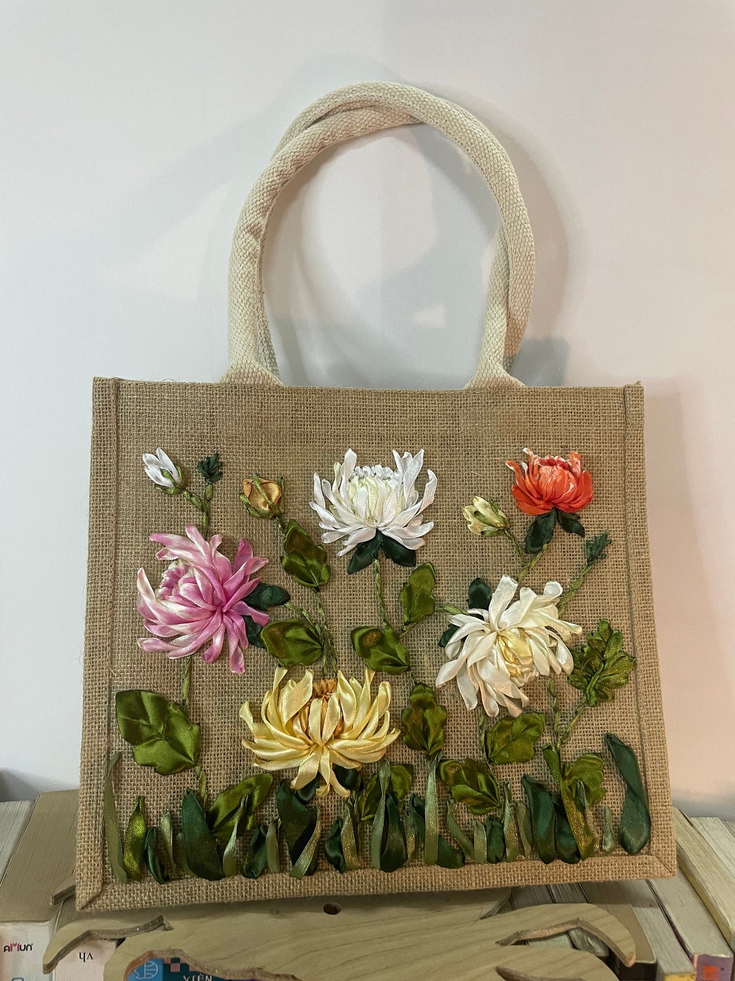 Ribbon Embroidery jute tote bag | Embroidery Chamo jute tote bag | Floral jute tote bag | bridemaid gifts | gifts for mom | gifts for her