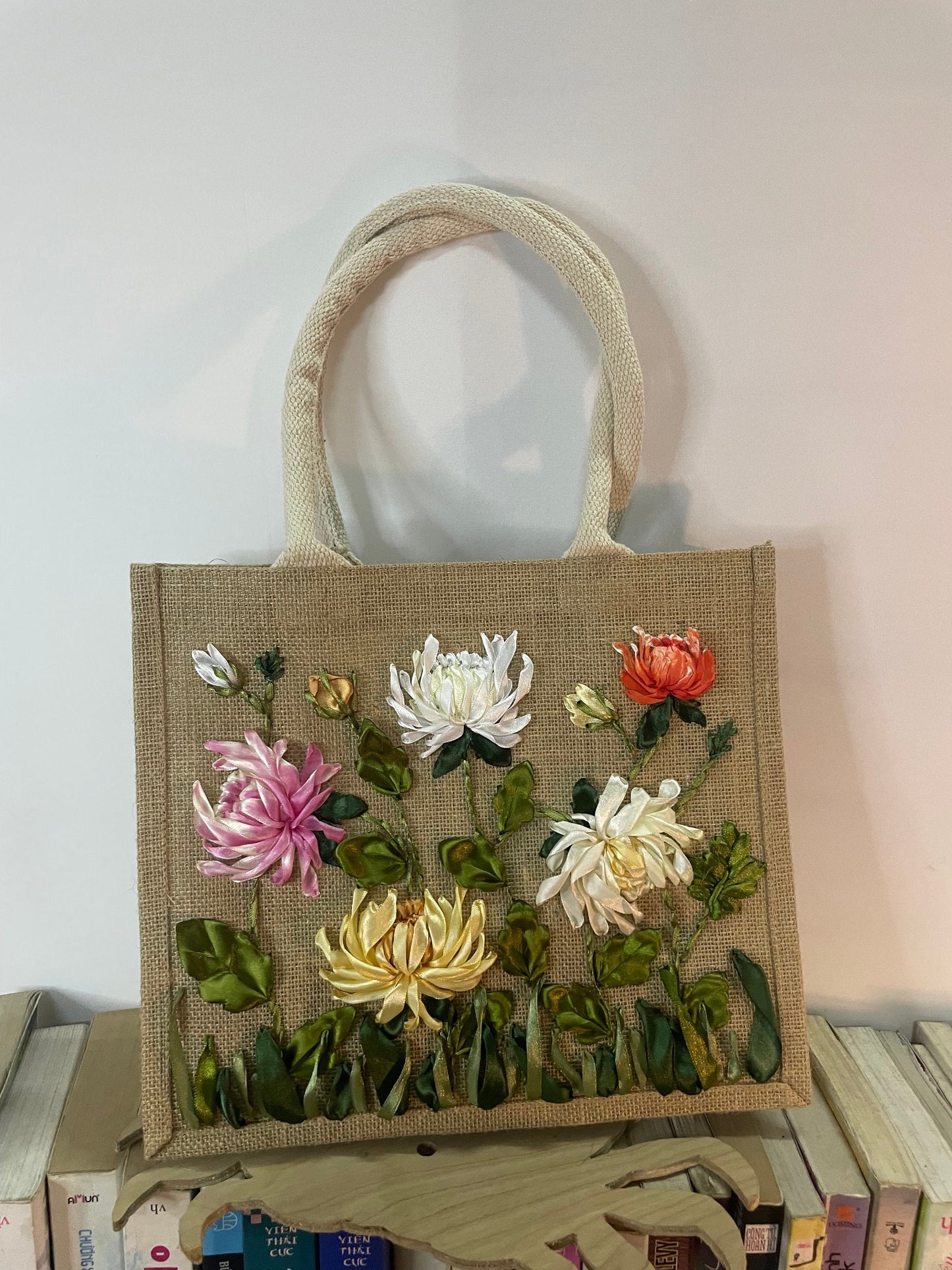 Ribbon Embroidery jute tote bag | Embroidery Chamo jute tote bag | Floral jute tote bag | bridemaid gifts | gifts for mom | gifts for her