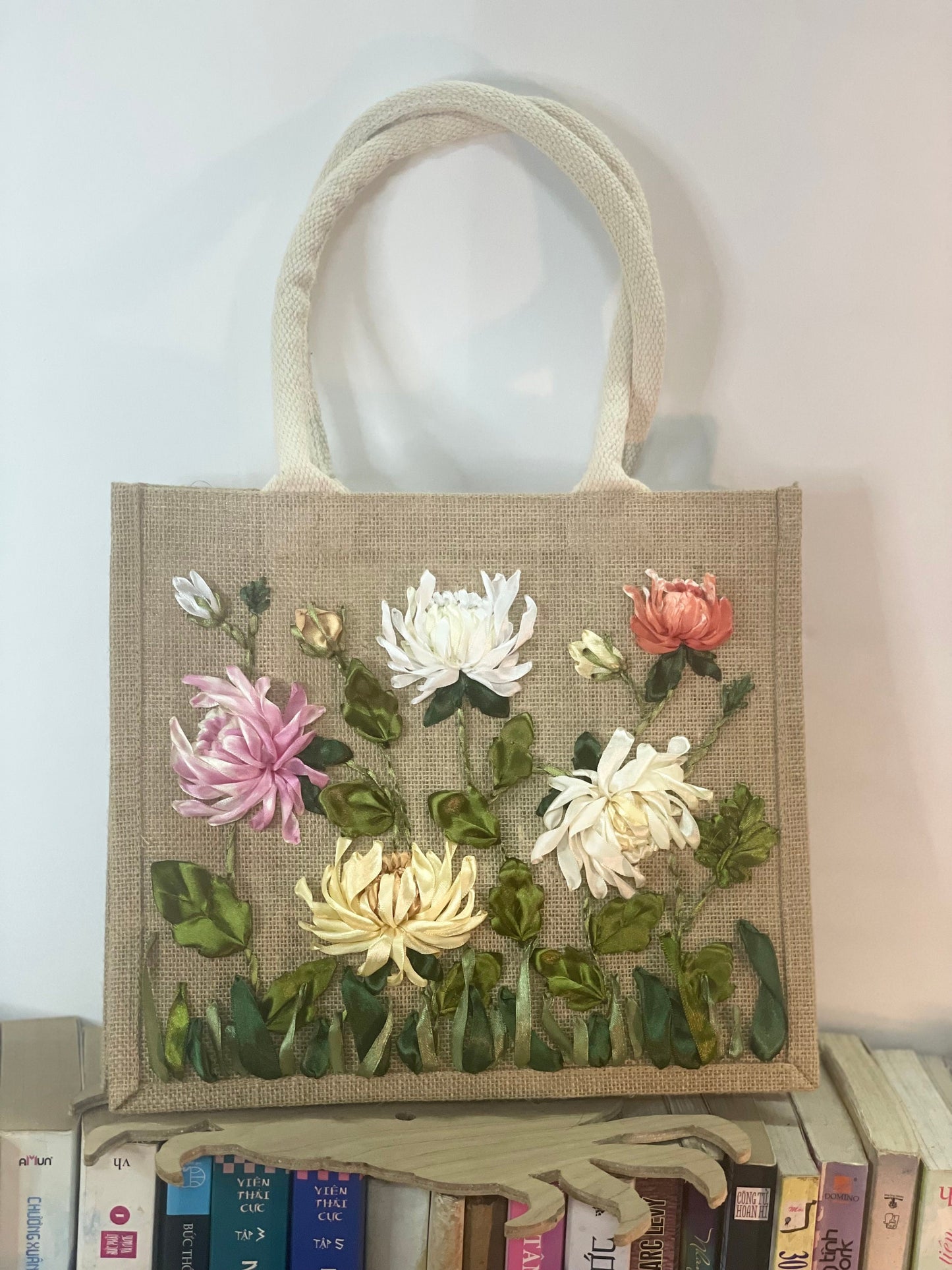 Ribbon Embroidery jute tote bag | Embroidery Chamo jute tote bag | Floral jute tote bag | bridemaid gifts | gifts for mom | gifts for her