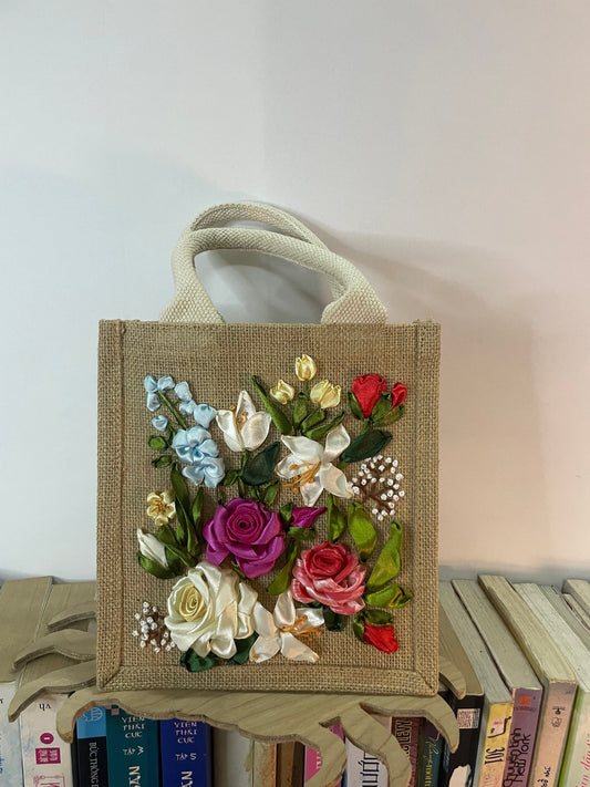 Ribbon Embroidery jute tote bag | Small Roses Embroidered jute tote bag | Floral jute tote bag | personalized Unique gifts  | gifts for her