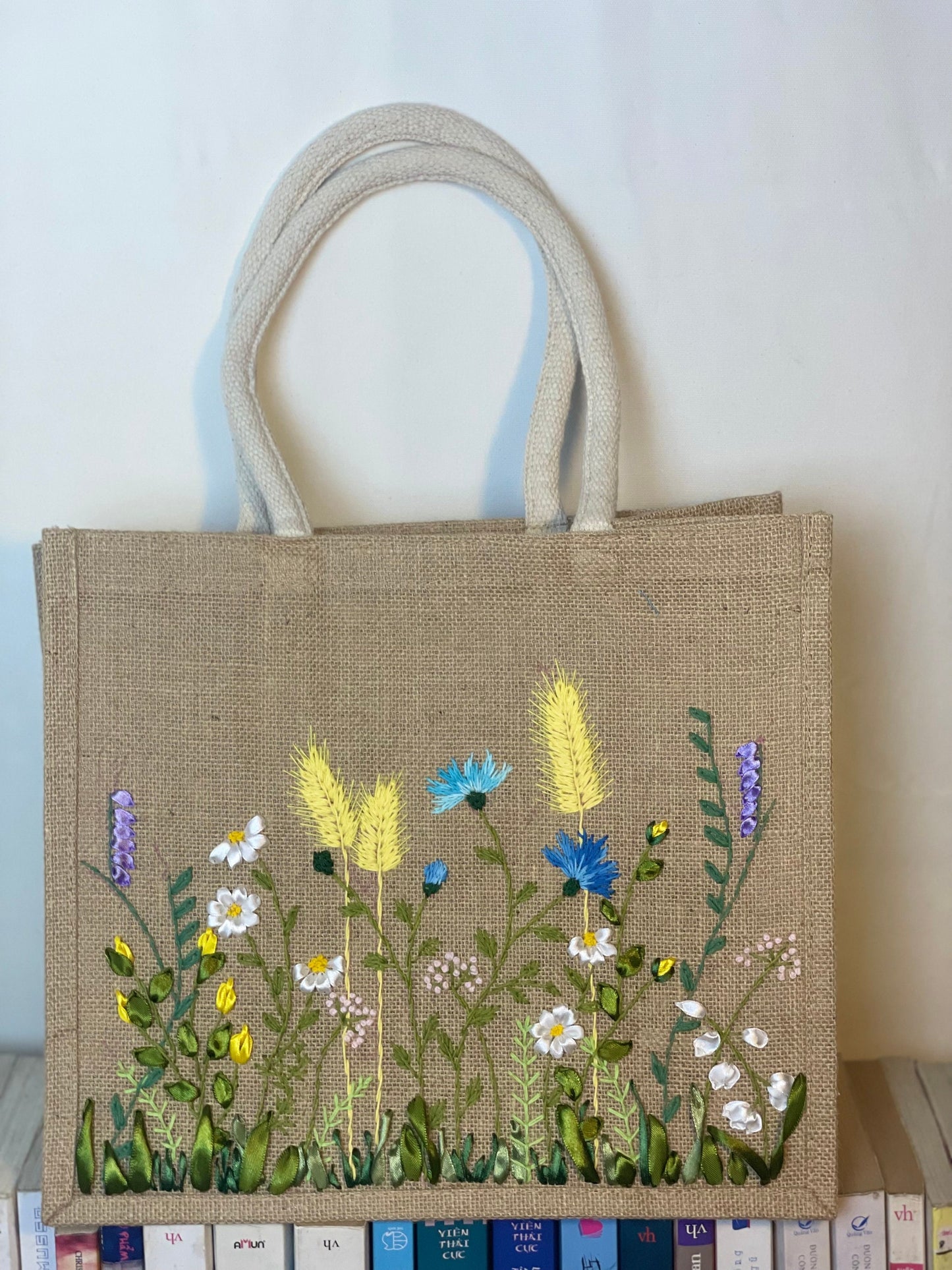 Floral Embroidery jute tote bag | Ribbon Daisy Embroidered tote bag | Floral laptop bag, Summer bag | personalized gifts  | gifts for her