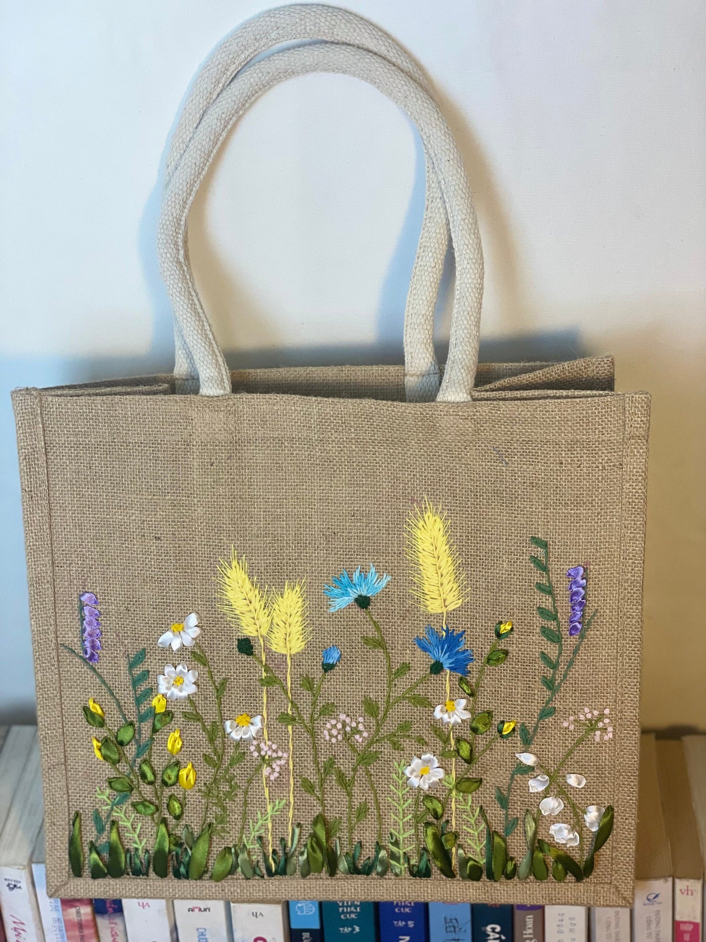 Floral Embroidery jute tote bag | Ribbon Daisy Embroidered tote bag | Floral laptop bag, Summer bag | personalized gifts  | gifts for her