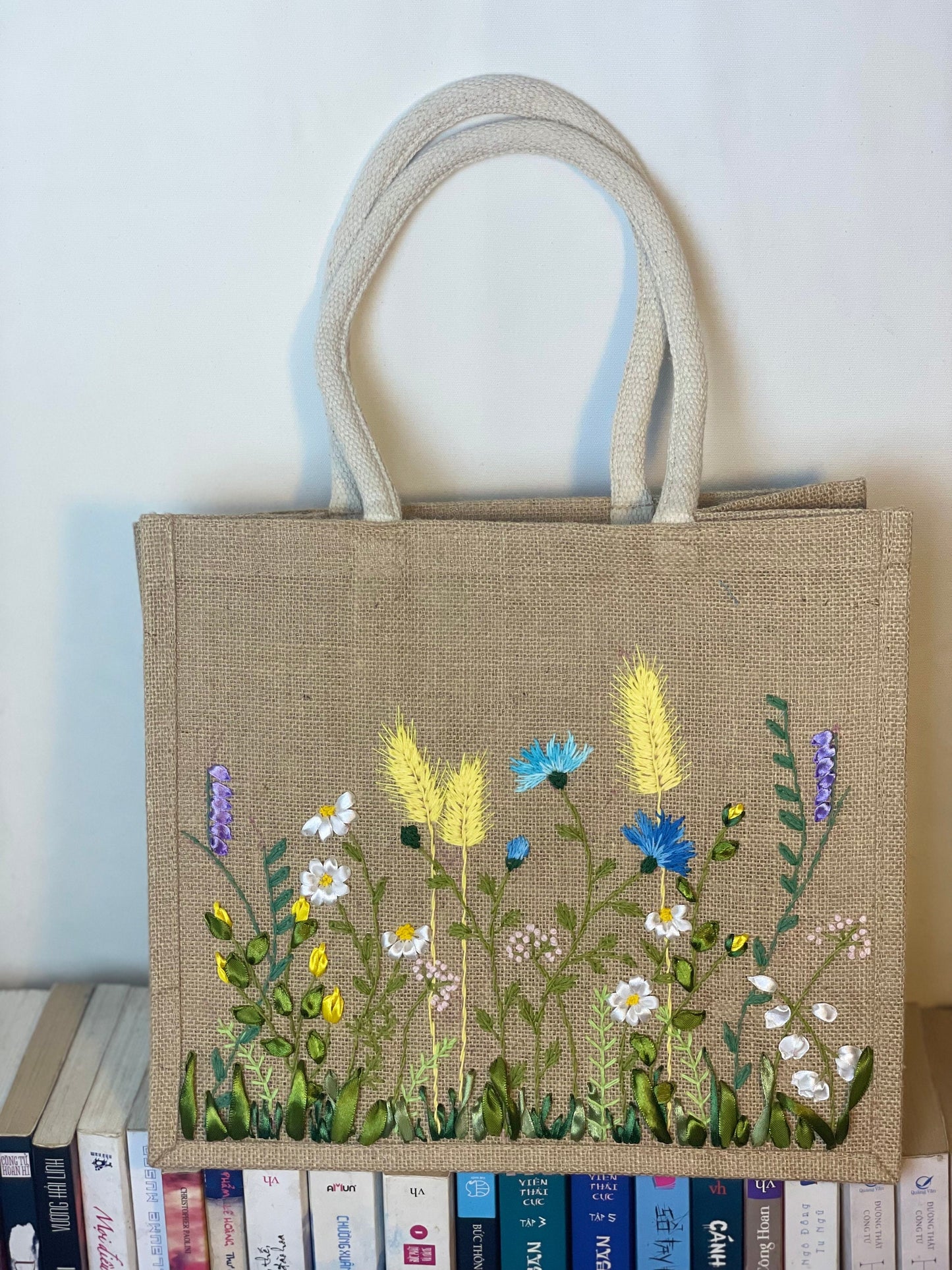 Floral Embroidery jute tote bag | Ribbon Daisy Embroidered tote bag | Floral laptop bag, Summer bag | personalized gifts  | gifts for her