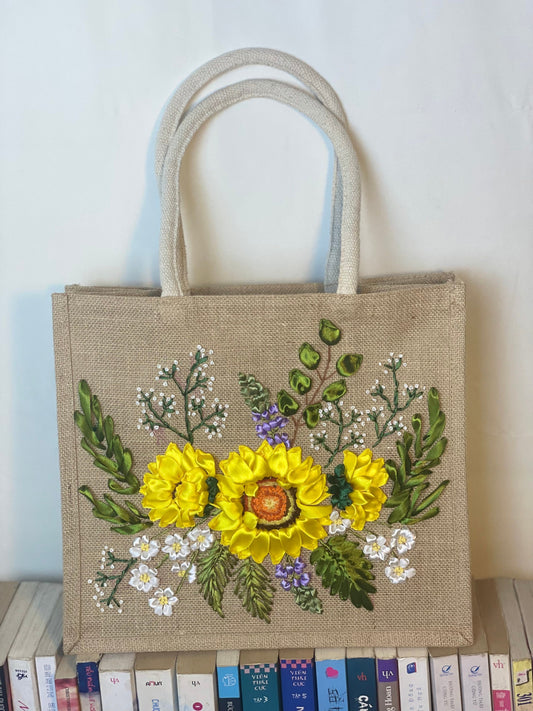 Ribbon Embroidery jute tote bag | Sunflower Embroidered jute tote bag | Floral laptop bag, Summer bag | personalized gifts  | gifts for her