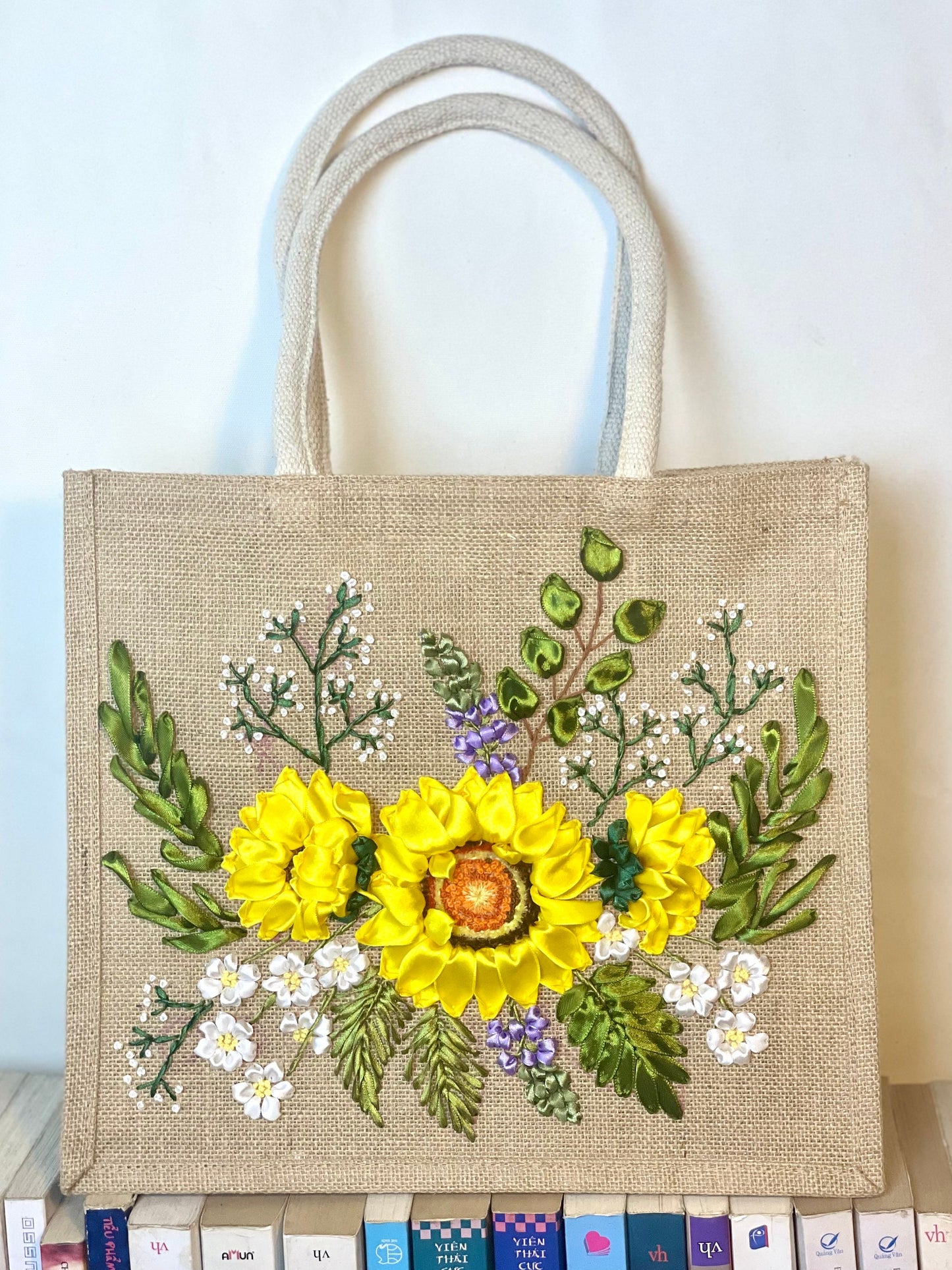 Ribbon Embroidery jute tote bag | Sunflower Embroidered jute tote bag | Floral laptop bag, Summer bag | personalized gifts  | gifts for her