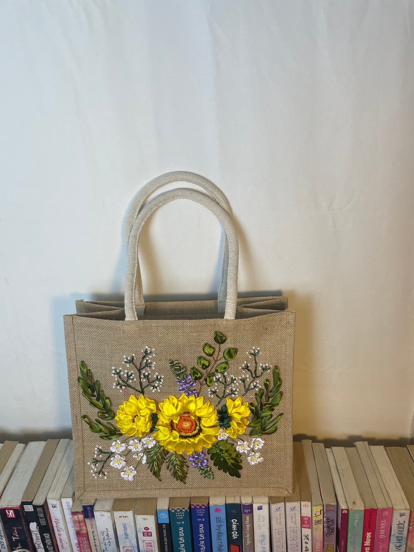 Ribbon Embroidery jute tote bag | Sunflower Embroidered jute tote bag | Floral laptop bag, Summer bag | personalized gifts  | gifts for her