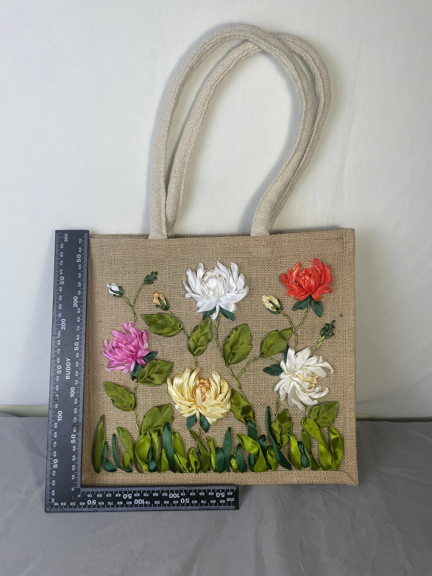 Ribbon Embroidery jute tote bag | Chamomile Embroidered jute tote bag | Floral laptop bag, Summer bag | personalized gifts  | gifts for her