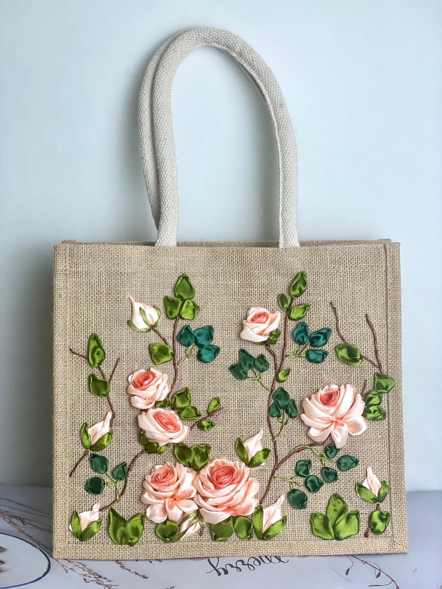 Ribbon Embroidery jute tote bag | Roses Embroidered jute tote bag | Floral laptop bag, Summer bag | personalized gifts  | gifts for her