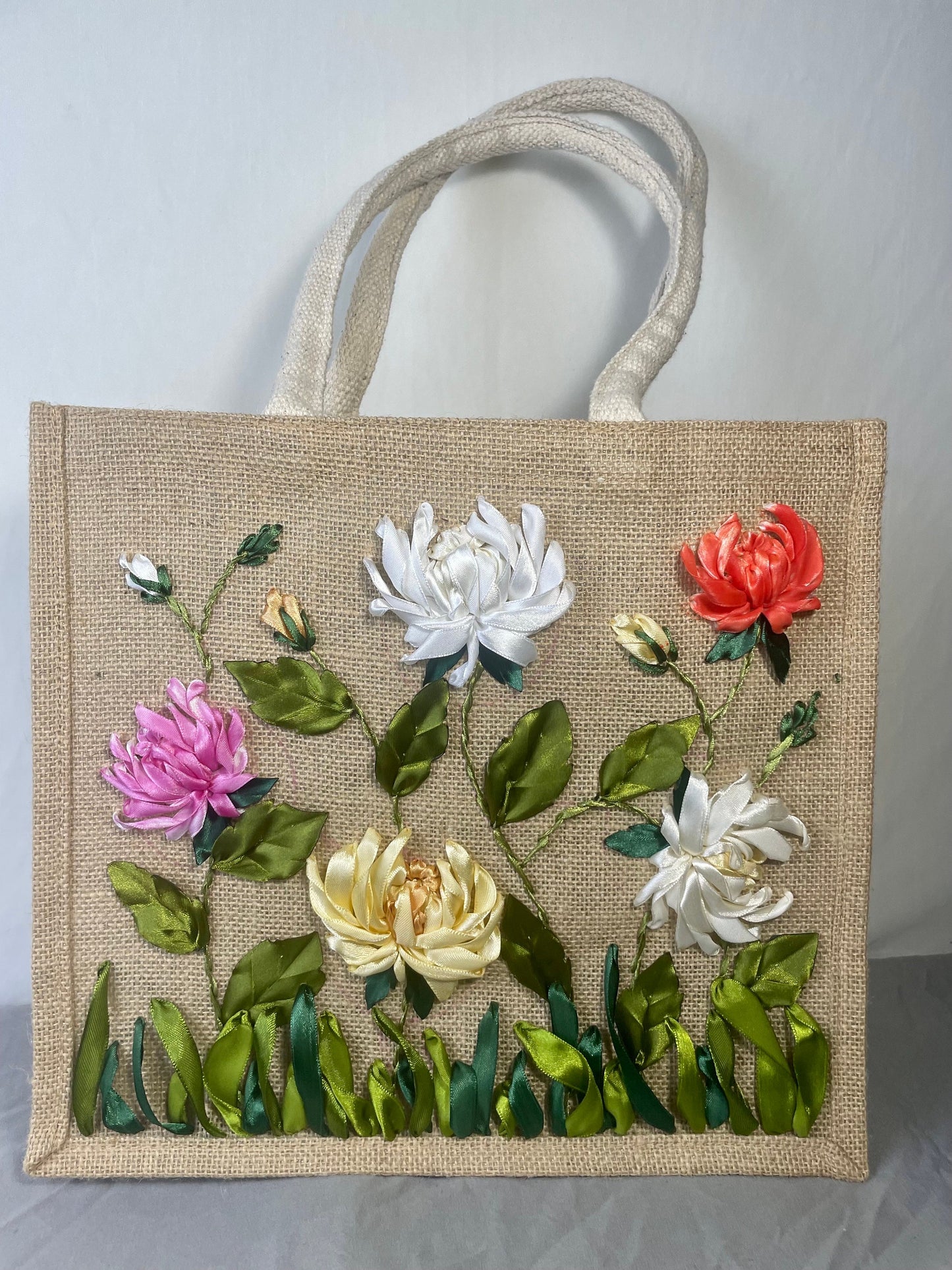 Ribbon Embroidery jute tote bag | Chamomile Embroidered jute tote bag | Floral laptop bag, Summer bag | personalized gifts  | gifts for her