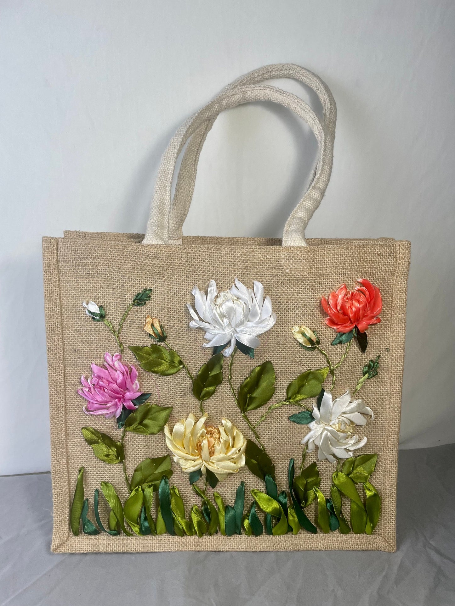 Ribbon Embroidery jute tote bag | Chamomile Embroidered jute tote bag | Floral laptop bag, Summer bag | personalized gifts  | gifts for her