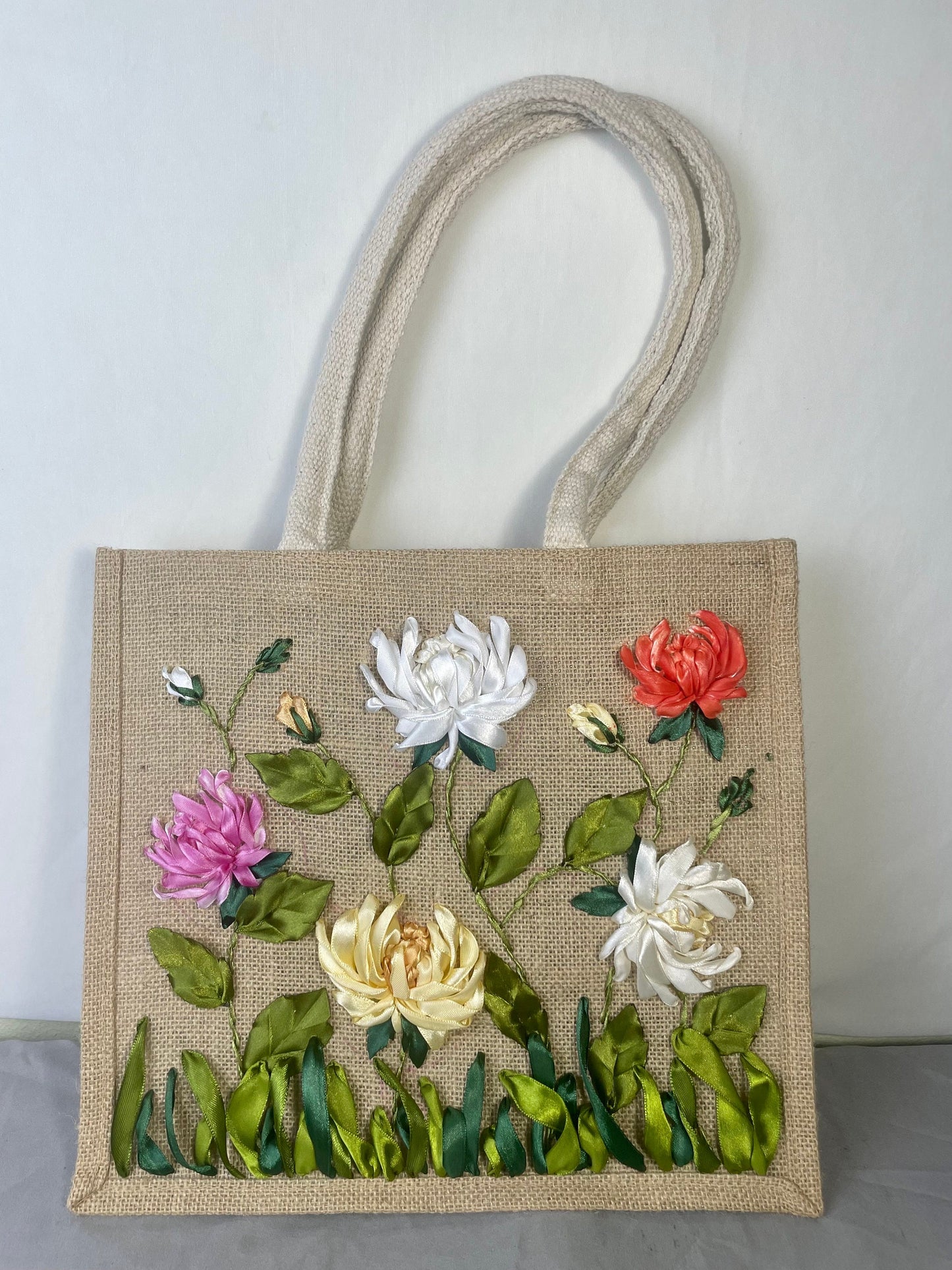 Ribbon Embroidery jute tote bag | Chamomile Embroidered jute tote bag | Floral laptop bag, Summer bag | personalized gifts  | gifts for her