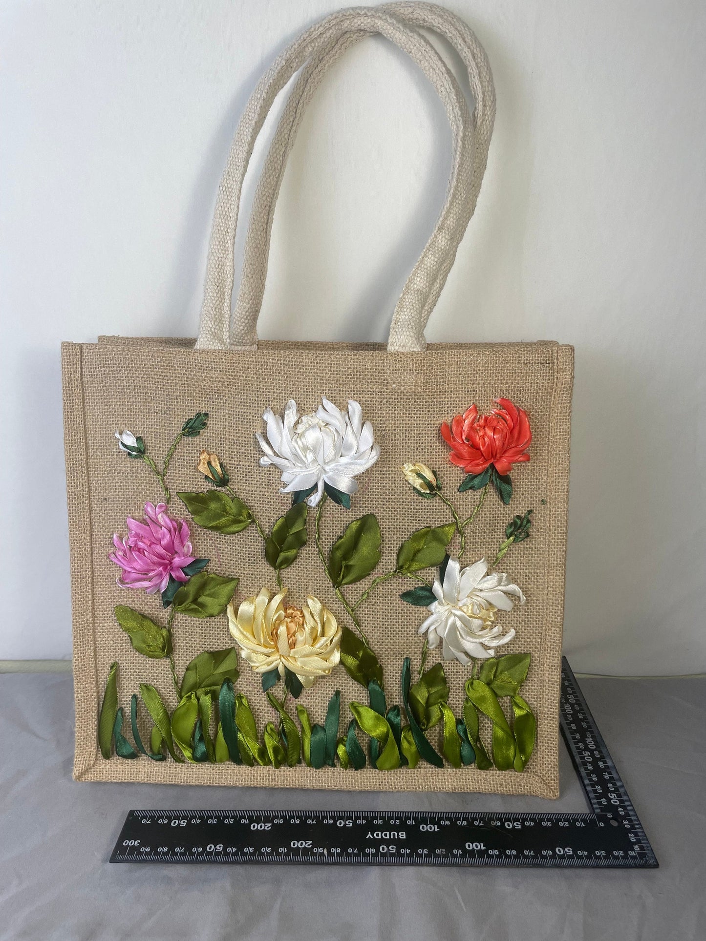 Ribbon Embroidery jute tote bag | Chamomile Embroidered jute tote bag | Floral laptop bag, Summer bag | personalized gifts  | gifts for her