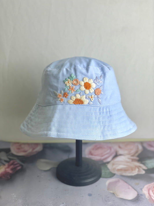 Blue Embroidery Bucket Hat, Canvas Women Embroidery Bucket Hat, Custom Bucket Hat, Personalized Christmas Gifts