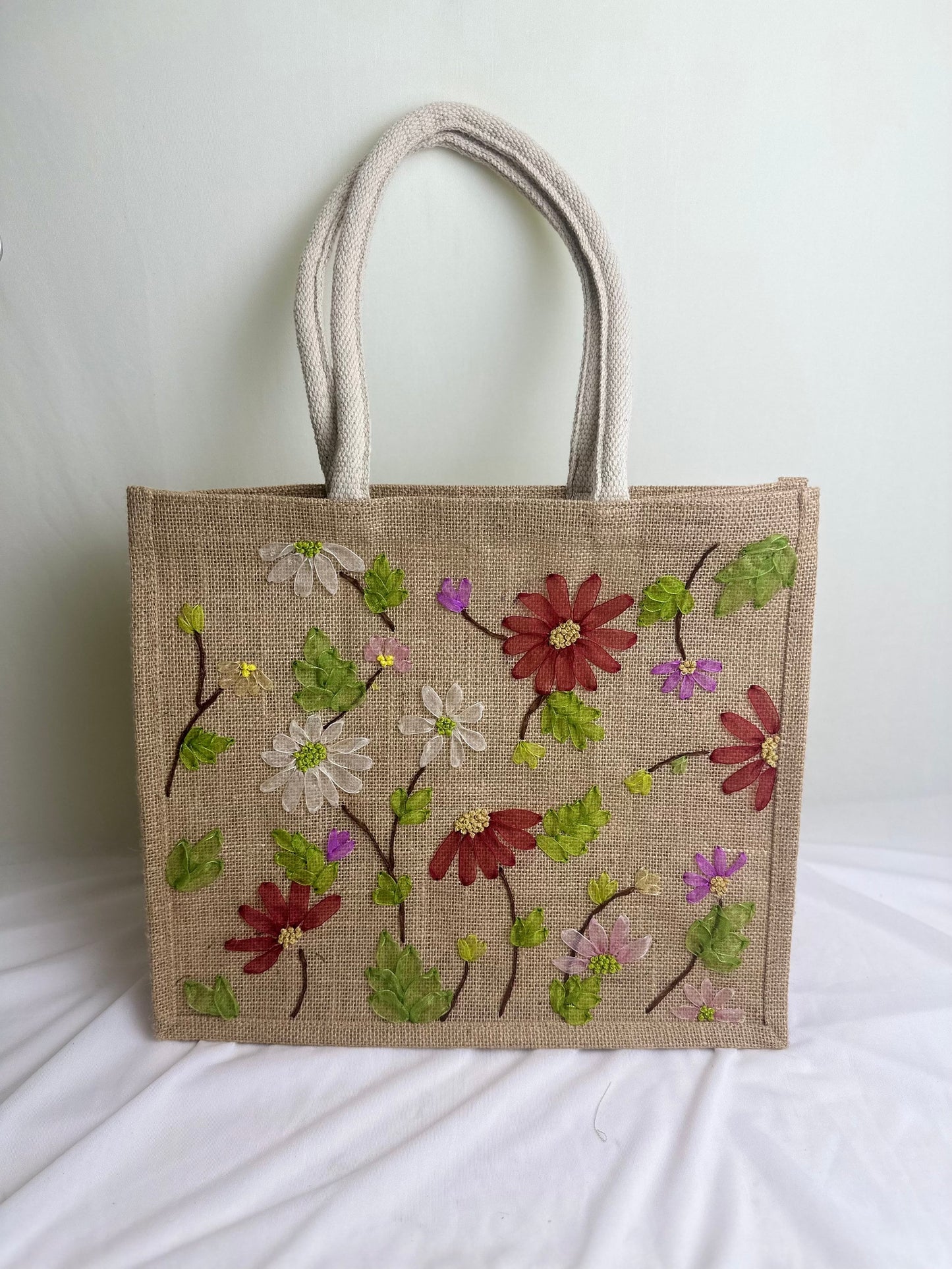 Floral Ribbon Embroidery jute tote bag | Roses Embroidered jute tote bag | Floral laptop bag, Summer tote bag | personalized gifts