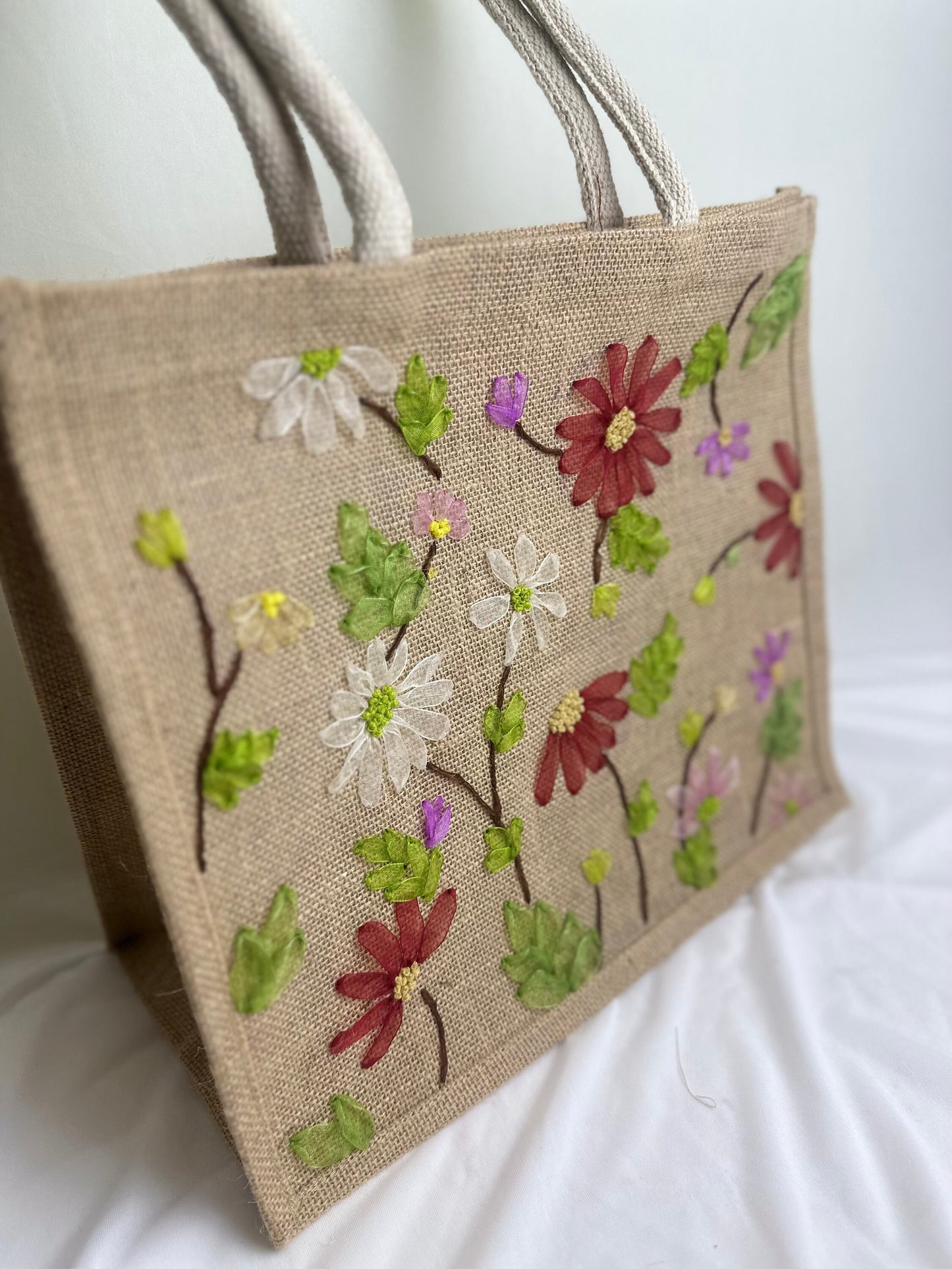 Floral Ribbon Embroidery jute tote bag | Roses Embroidered jute tote bag | Floral laptop bag, Summer tote bag | personalized gifts