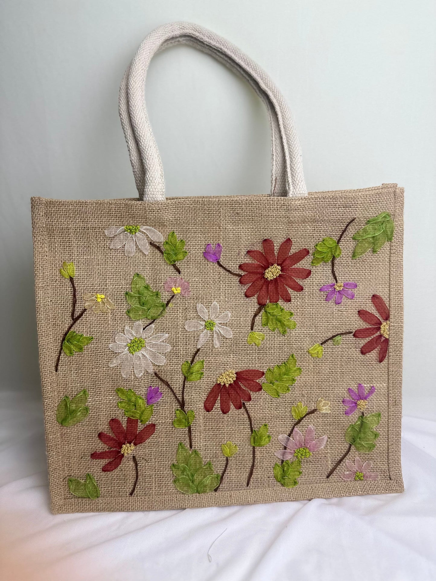 Floral Ribbon Embroidery jute tote bag | Roses Embroidered jute tote bag | Floral laptop bag, Summer tote bag | personalized gifts