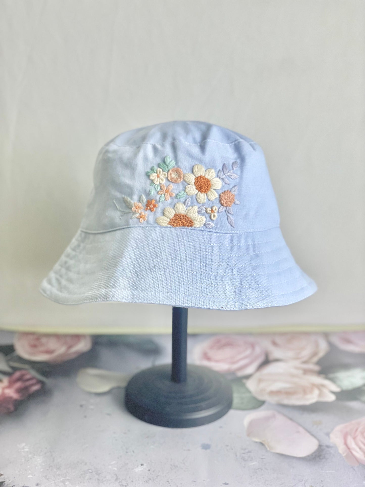 Blue Embroidery Bucket Hat, Canvas Women Embroidery Bucket Hat, Custom Bucket Hat, Personalized Christmas Gifts