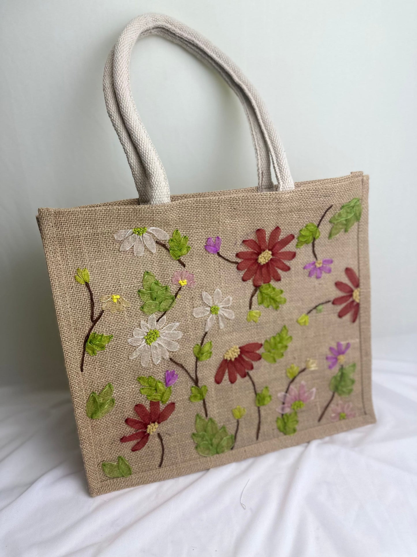 Floral Ribbon Embroidery jute tote bag | Roses Embroidered jute tote bag | Floral laptop bag, Summer tote bag | personalized gifts