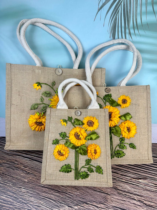 Sunflower Ribbon Embroidery jute tote bag | Roses Embroidered jute tote bag | Floral laptop bag, Summer tote bag | personalized gifts