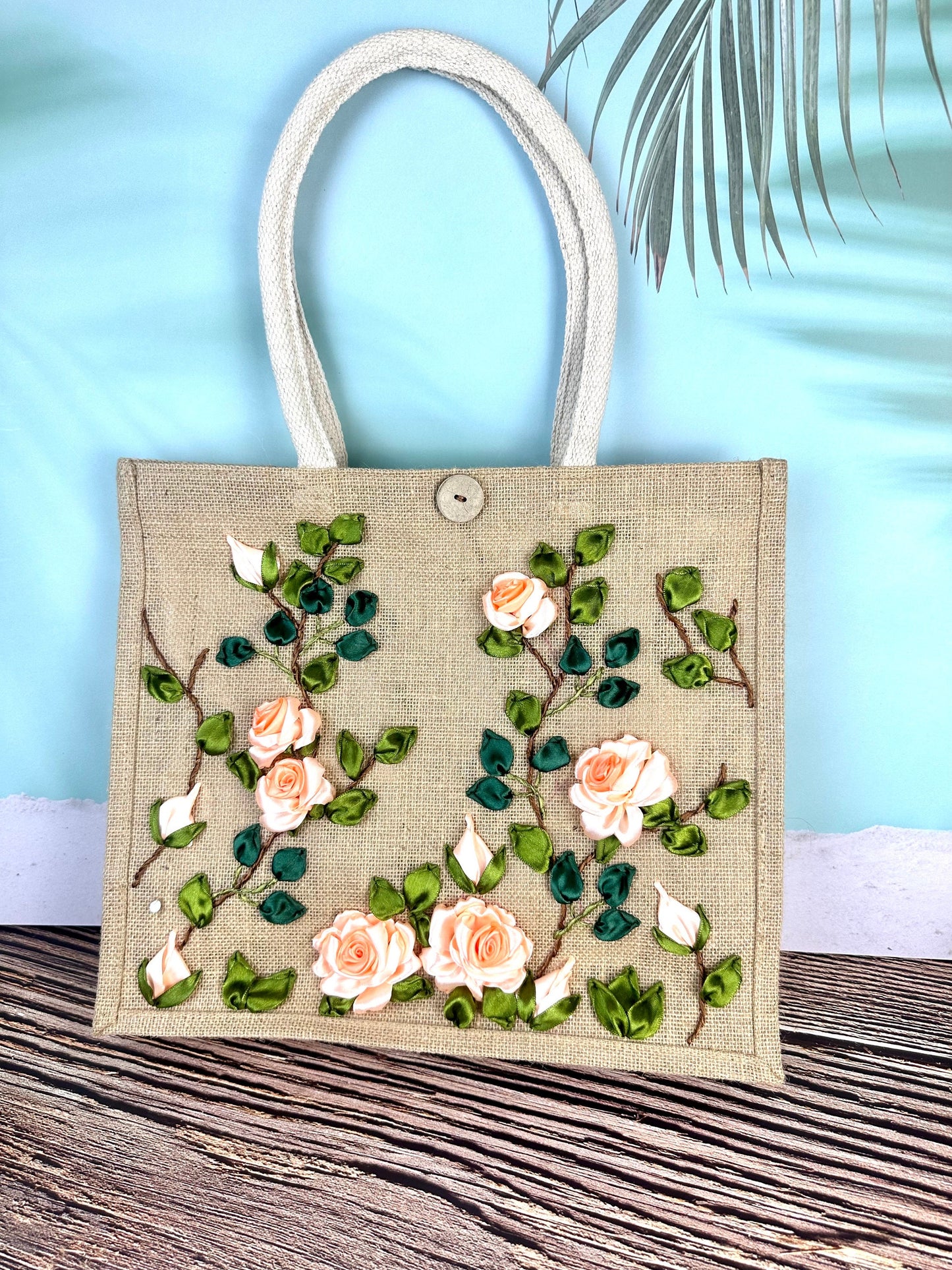 Light pink Roses Ribbon Embroidery jute tote bag | Roses Embroidered jute tote bag | Floral laptop bag, Summer tote bag | set of unique bag